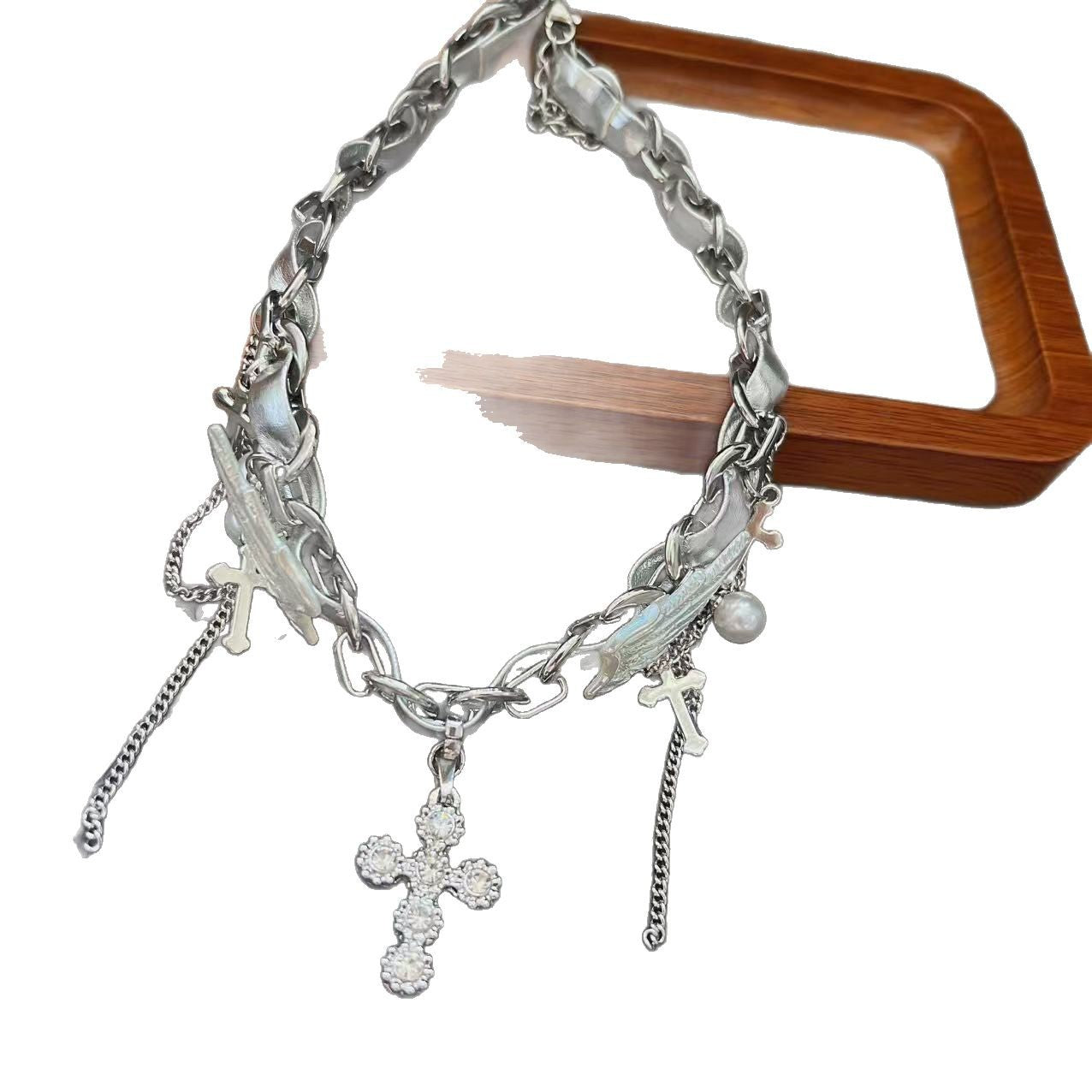 Wholesale Stitching Silver Wings Angel Wings Cross Necklace