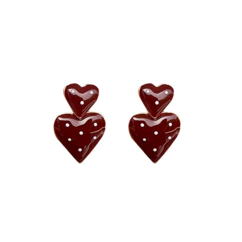 Wholesale Red Polka Dot Double Heart Earrings