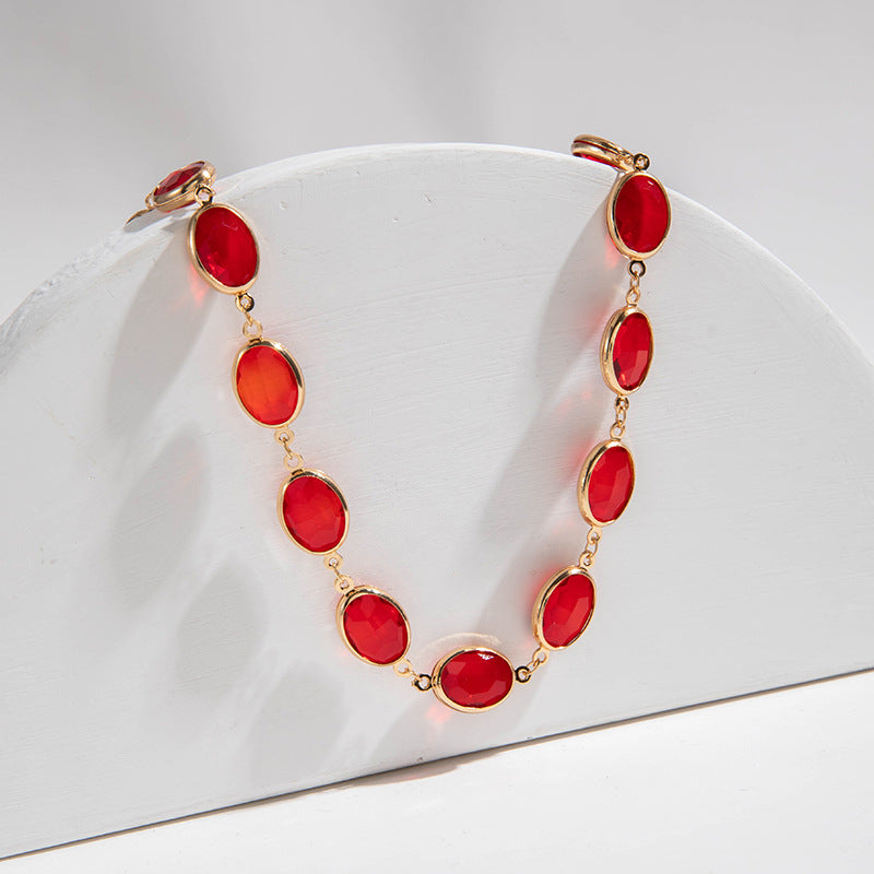 Wholesale Retro Red Diamond Clavicle Geometric Oval Necklace