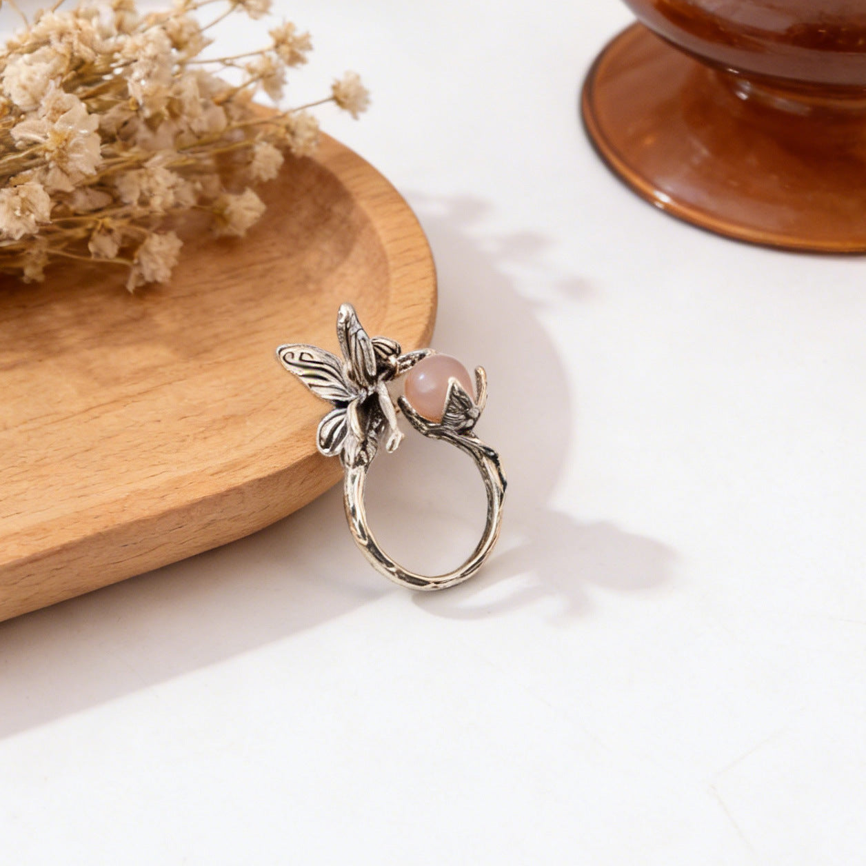 Wholesale Retro Elf Angel Gemstone Open Ring Antique Silver Jewelry Accessory For Gift And Boutique Resale