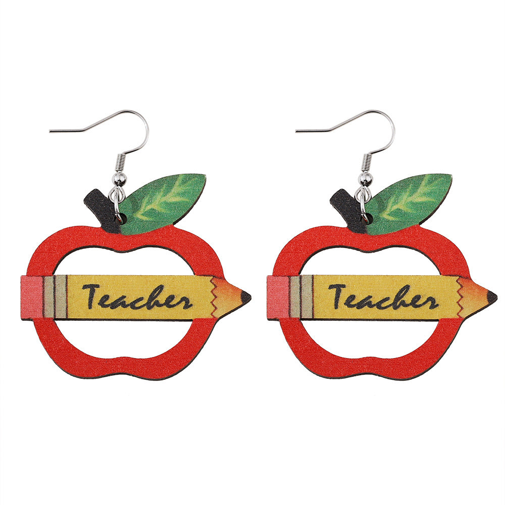 Wholesale pencil apple teacher double sided wooden earrings