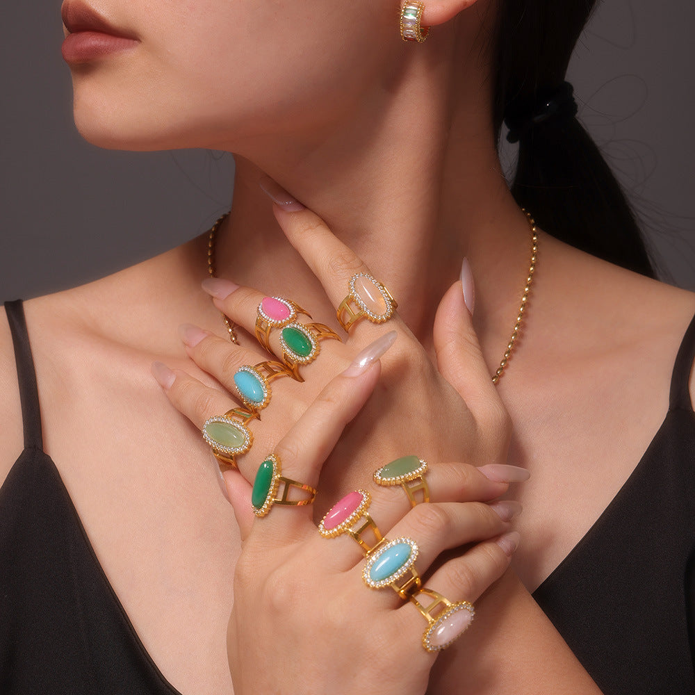 Wholesale Titanium Steel 3A zircon inlaid natural stone open ring