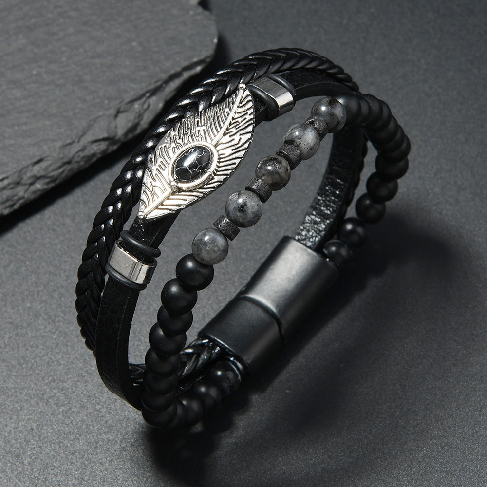 Wholesale Magnetic Buckle Alloy Bracelet with Feather Element and Turquoise Inlay for Men