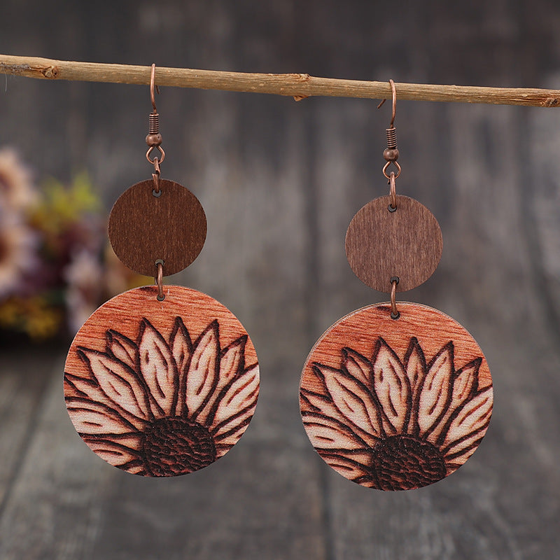 Wholesale Retro Bohemian Printed Flower Wooden Earrings Fashion Accessory