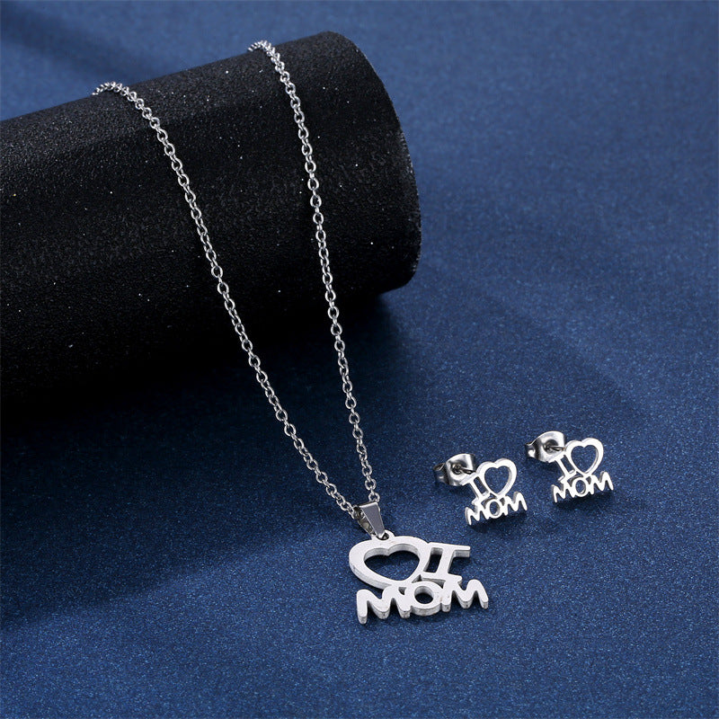 Wholesale I Love MAMA Mother's Day Stainless Steel Earrings Necklace Set ACC-ES-MinM012