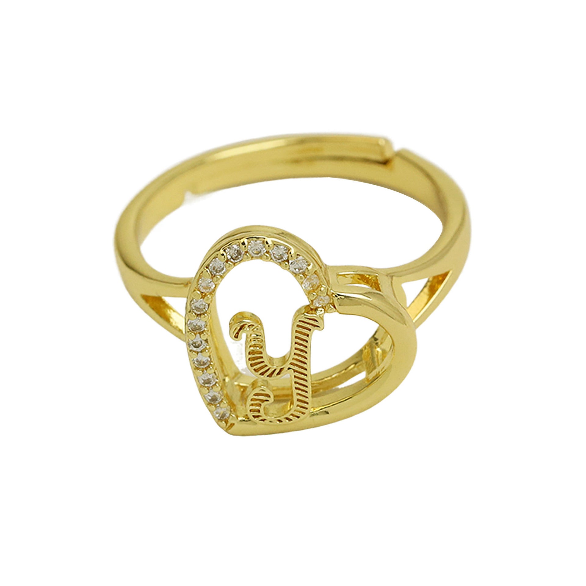 Wholesale  white gold heart-shaped love texture hollow 26 grass English letters open heart ring