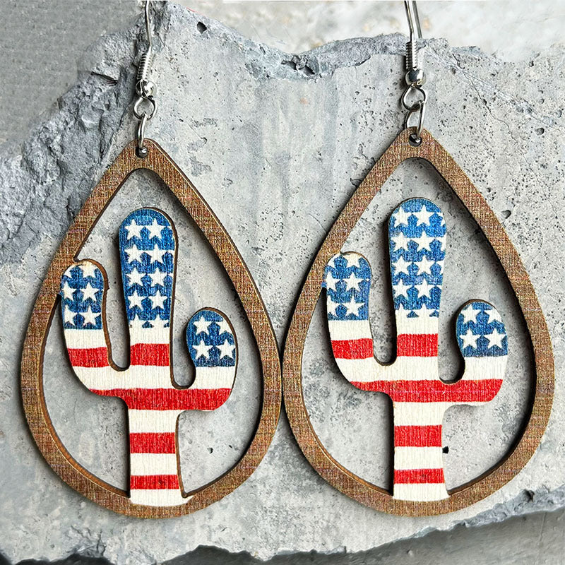 Wholesale wooden hollow water droplets US Independence Day earrings