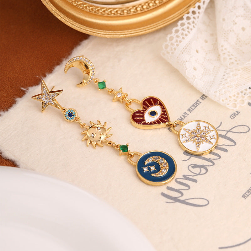 Wholesale Zirconia Star and Moon Series Asymmetrical Long Tassel Earrings