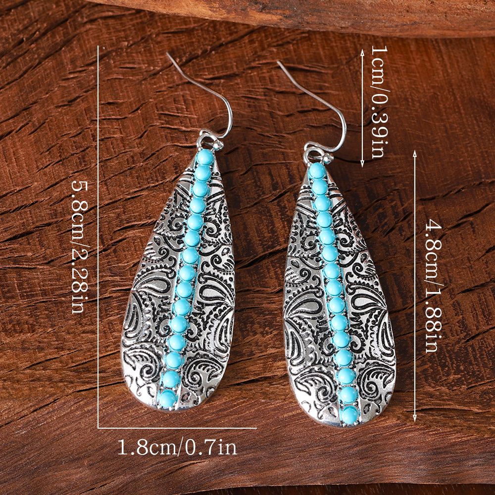 Wholesale  Bohemian Inlaid Turquoise Printed Water Drop  Earrings