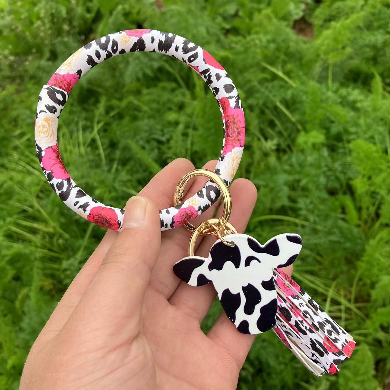 Wholesale Western Style Leopard Print Cow Print Cactus Leather Wristlet Keychain ACC-KC-QiuXue003