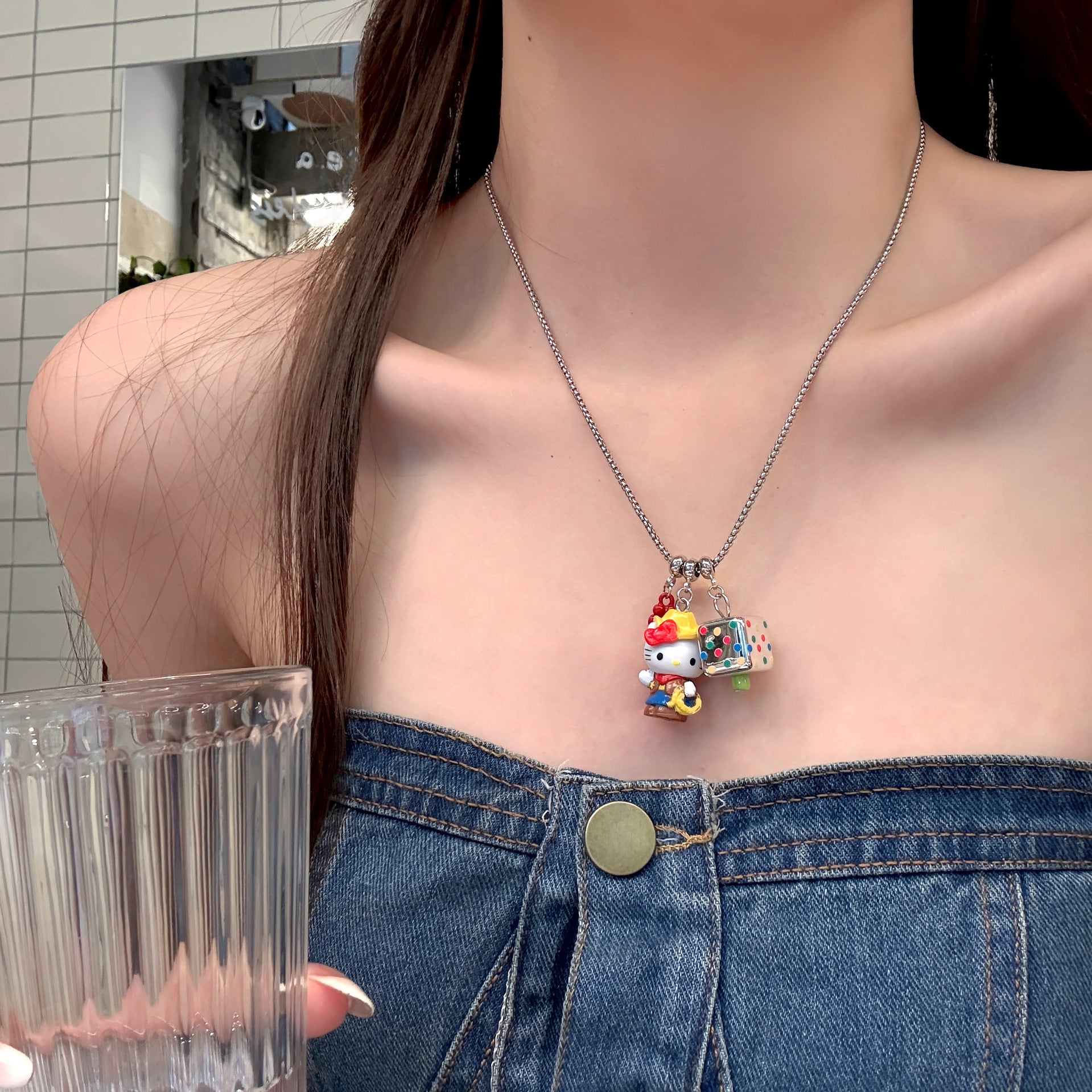 Wholesale Cute Cartoon Style Colorful Cat Dice Square Pendant Necklace