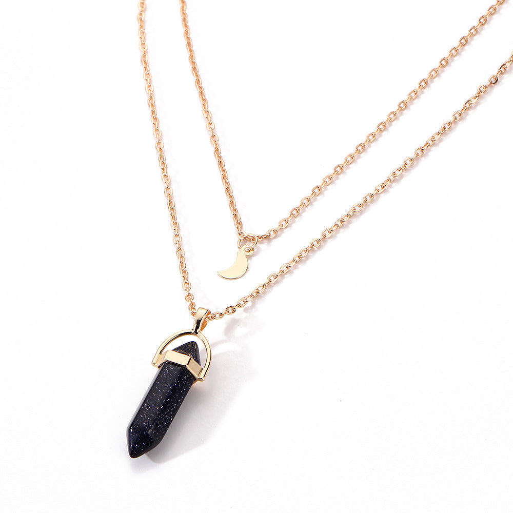 Wholesale Glass  Column Neck Chain Double Layer Moon Crescent Bullet Pendant Necklace