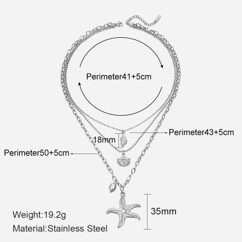 Wholesale Stainless Steel Three-Layer Pearl Starfish Pendant Necklace