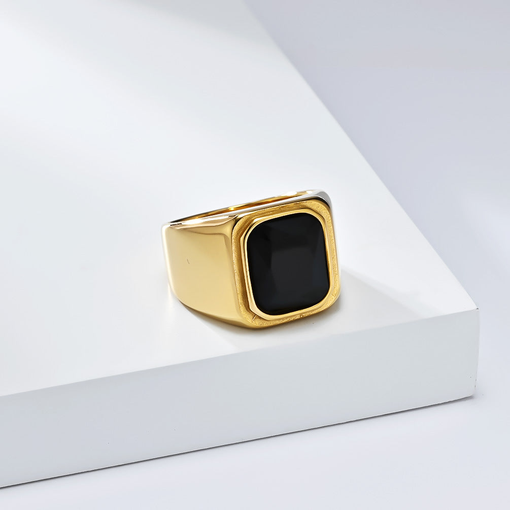 Wholesale Square Black Stone Geometric Ring Stainless Steel 18K Gold Plated Men S Fashion Jewelry Gift For Boutique Resale