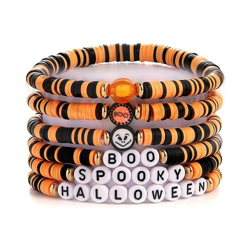 Wholesale Stylish Polymer Clay Beaded Bracelet Set,   White Ghost Theme,  7-Piece Jewelry Accessory for Boutique Resale