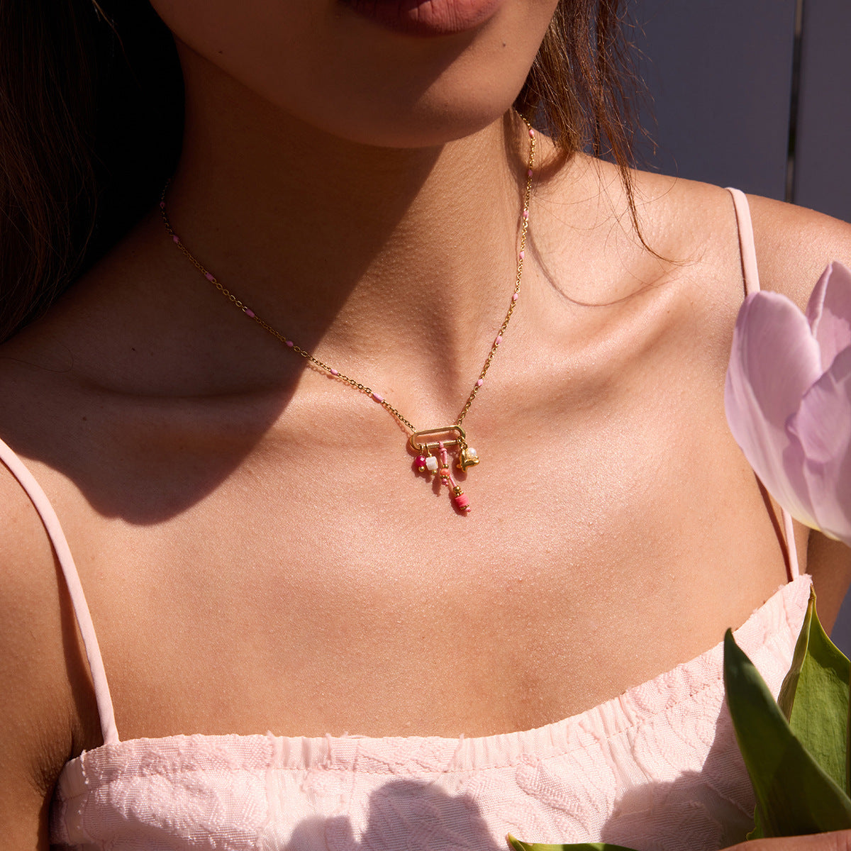 Wholesale  18K Gold Stainless Steel Oil Dropping Pearl Color Crystal Necklaces