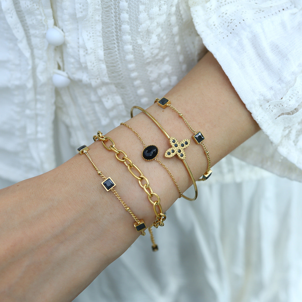 Wholesale Stylish Women S Star Open Bracelet Set 18K Gold Plated Stainless Steel With French Zircon Layered Design Boutique Resale