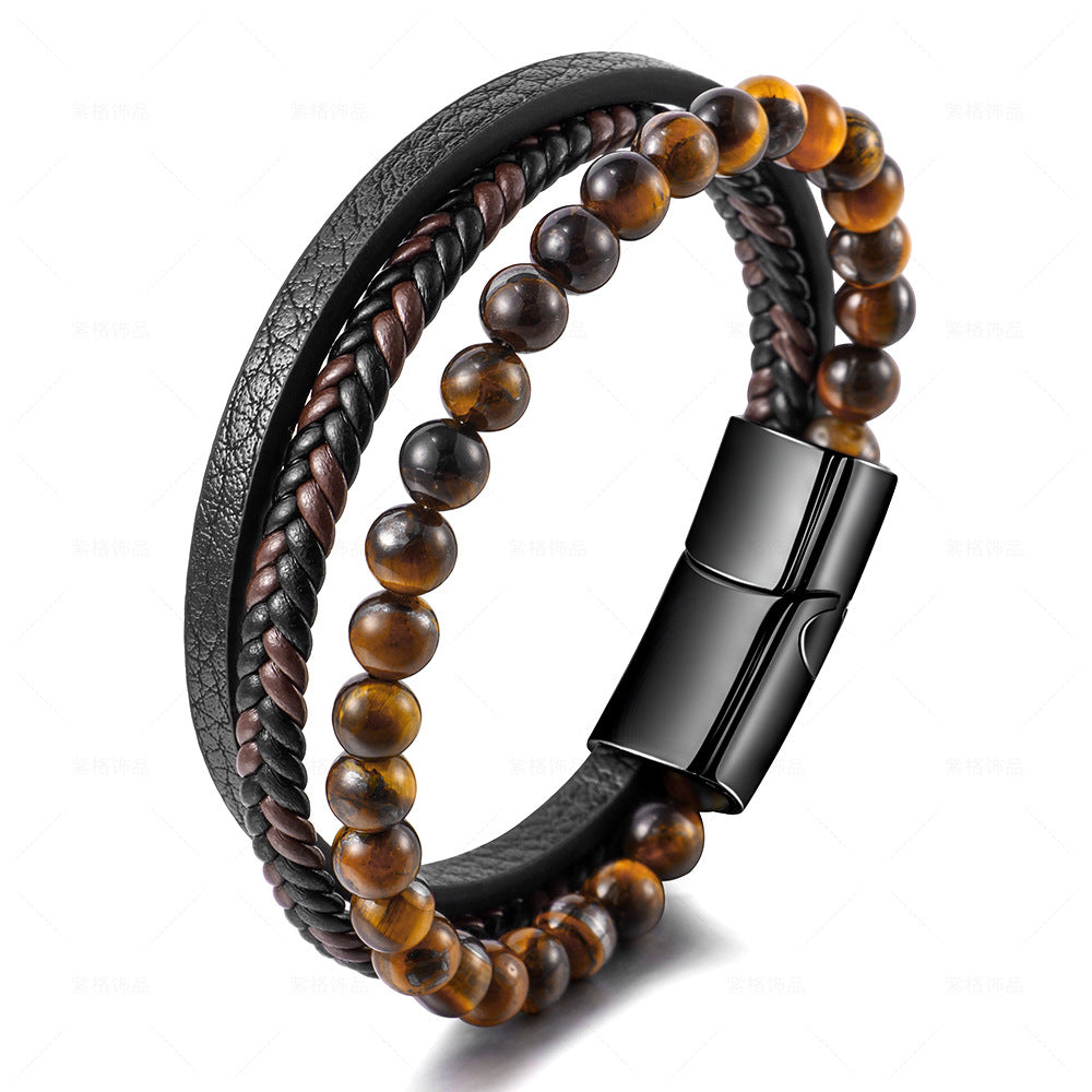 Wholesale Stainless Steel Natural Tiger Eye Stone Bracelet Beaded Men's Handwoven Agate Bracelet ACC-BT-ZiGe036