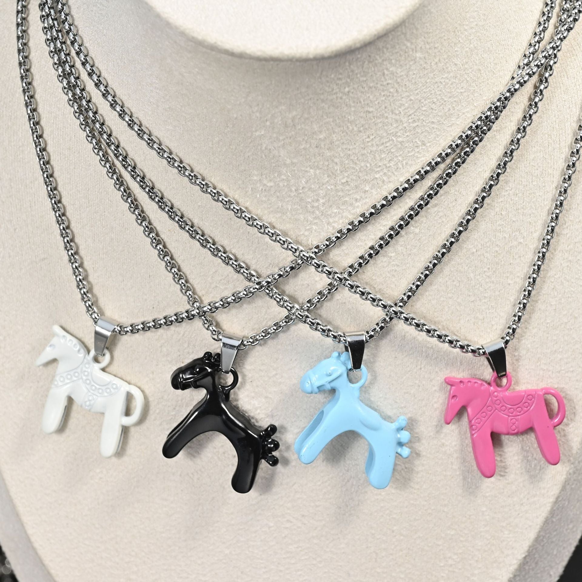 Wholesale Chinese Style Horse Zodiac Colorful Pendant Necklace Stainless Steel Clavicle Chain For Street Fashion Layering Jewelry