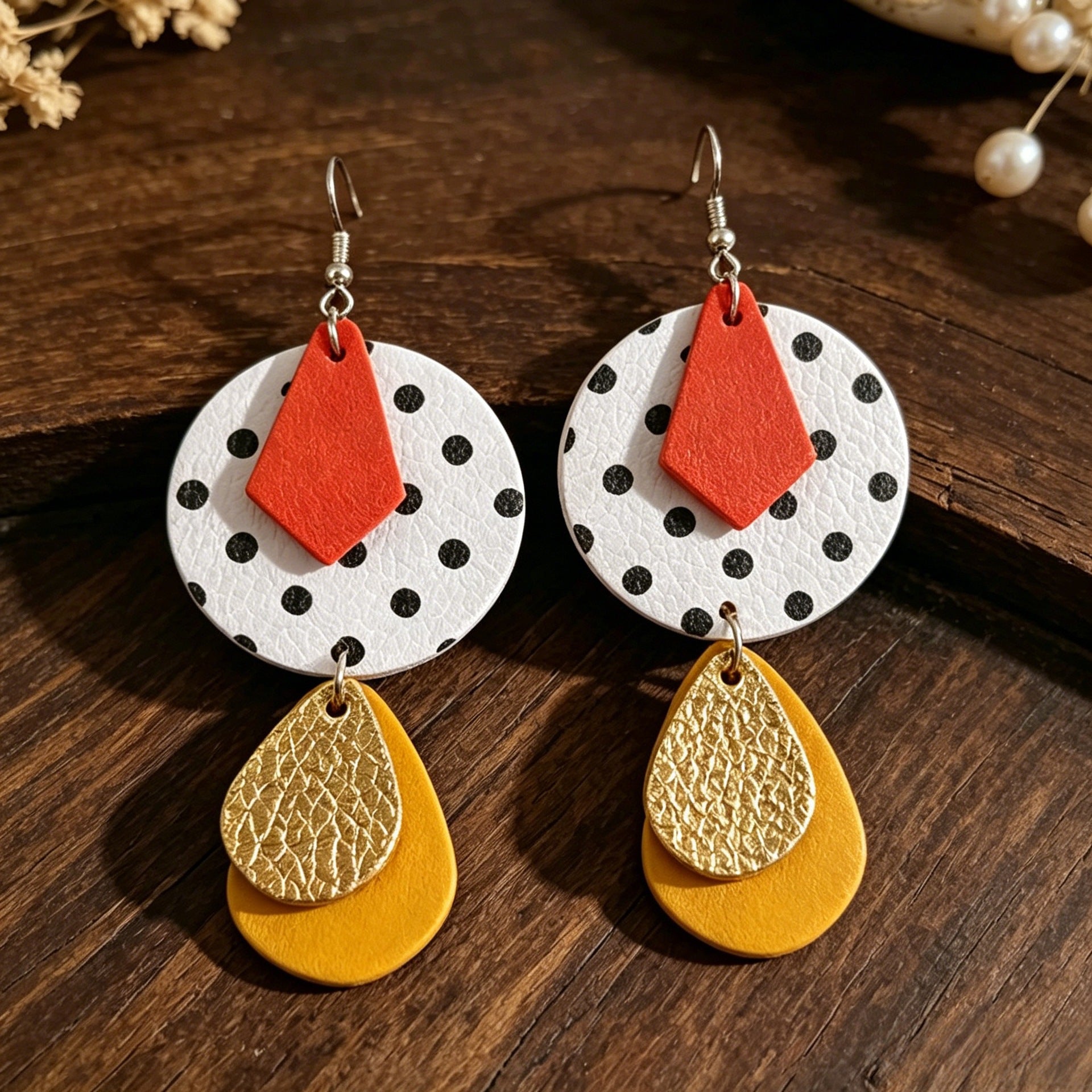 Wholesale Leather Retro Polka Dot Diamond Drop Earrings - Party Fashion Accessory