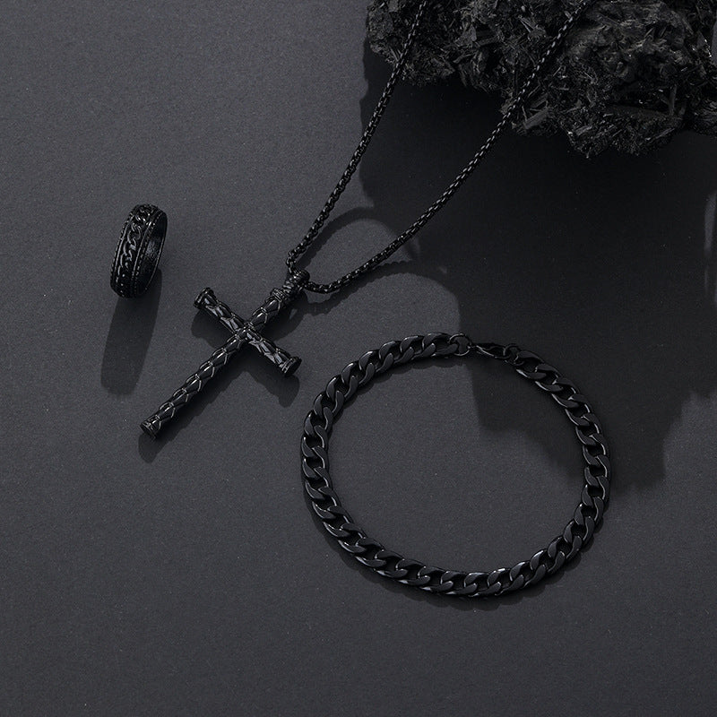 Wholesale Stylish Black Cross Crown Roman Numeral 3 Piece Jewelry Set Necklace Bracelet Ring Fashion Accessory Gift