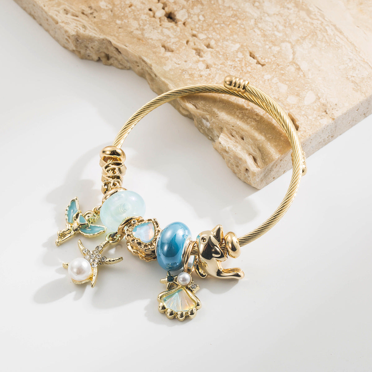 Wholesale Trendy Pearl Shell Starfish Bird Charm Bracelet Rhinestone Alloy Jewelry Accessory Gift