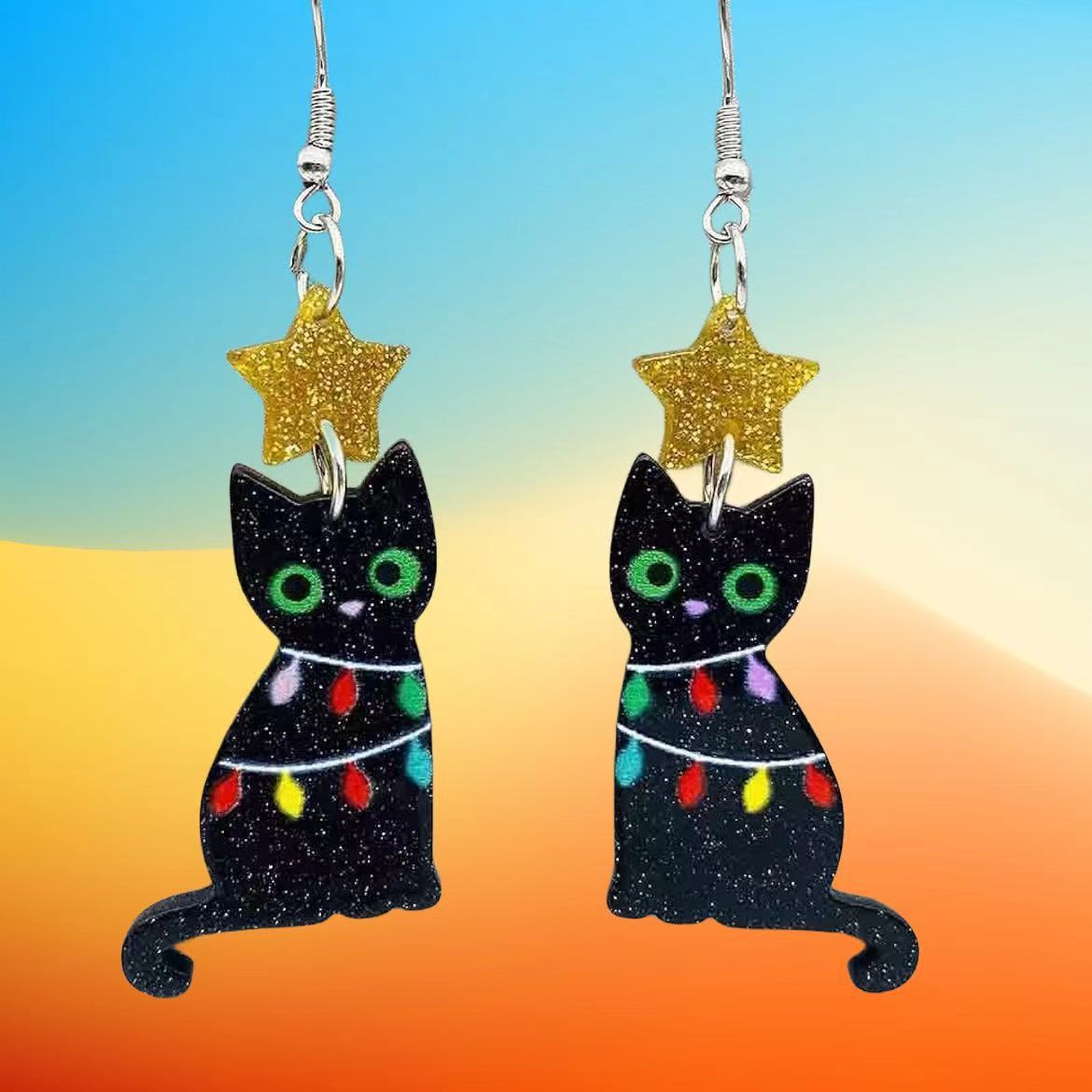 Wholesale Christmas Tree Lights Black Cat Acrylic Earrings ACC-ES-AnDao023