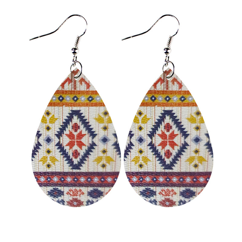 Wholesale Western Style Ethnic Totem Pattern Striped Leather Drop Shape  Earrings