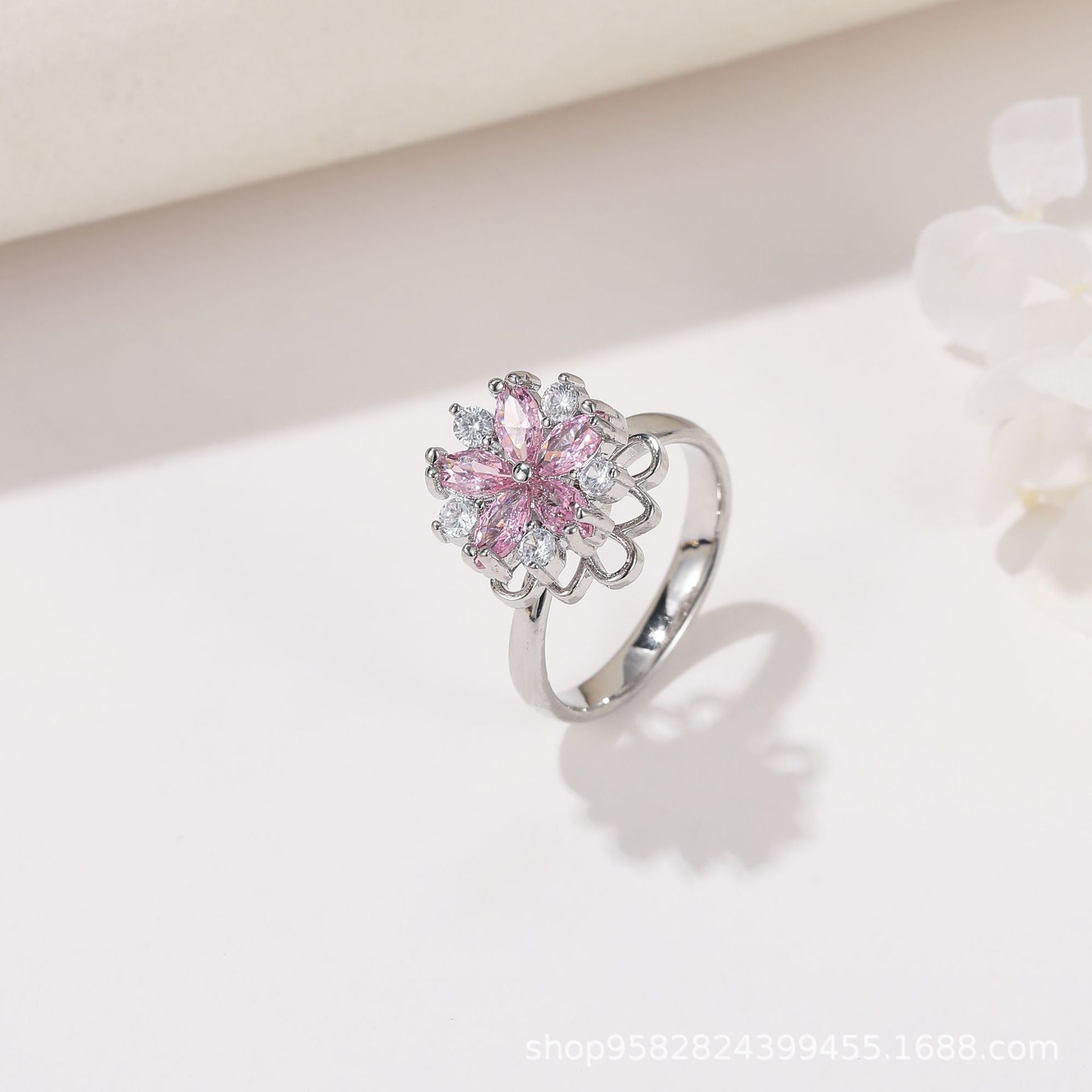 Wholesale 360° Rotating Double-Layer Flower Ring Gold Plated Zircon Fashion Accessory Boutique Gift