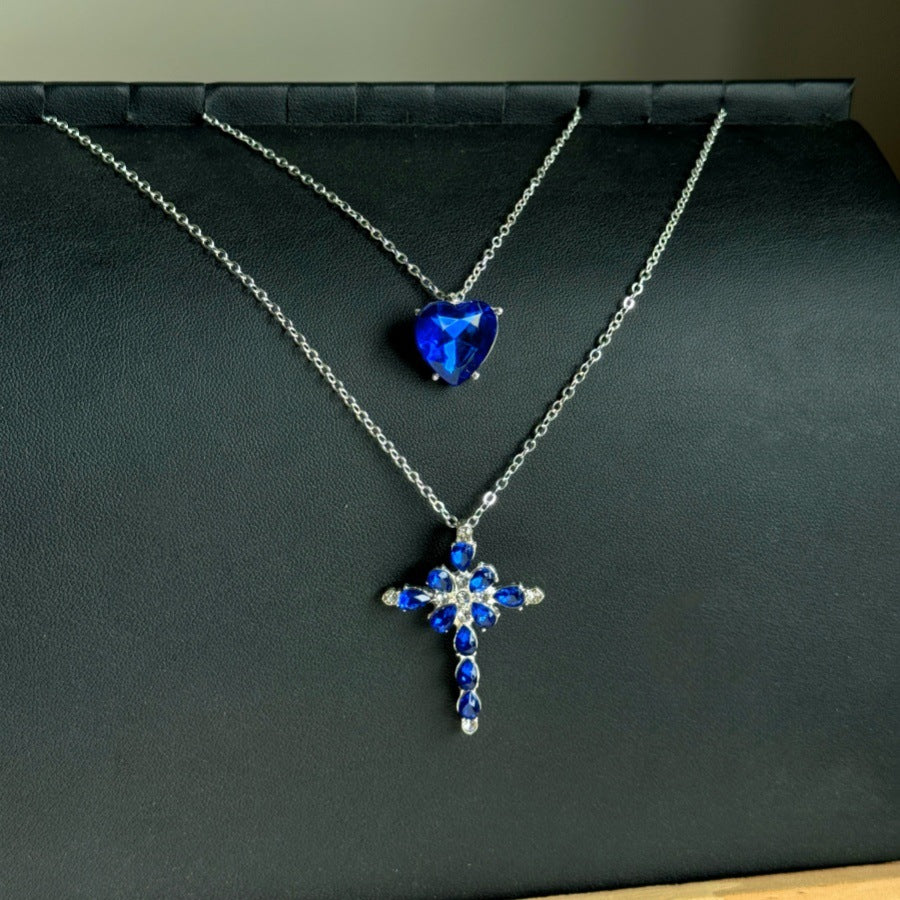Wholesale Double Layer Cross Blue Crystal Rhinestone Love Cross Necklace