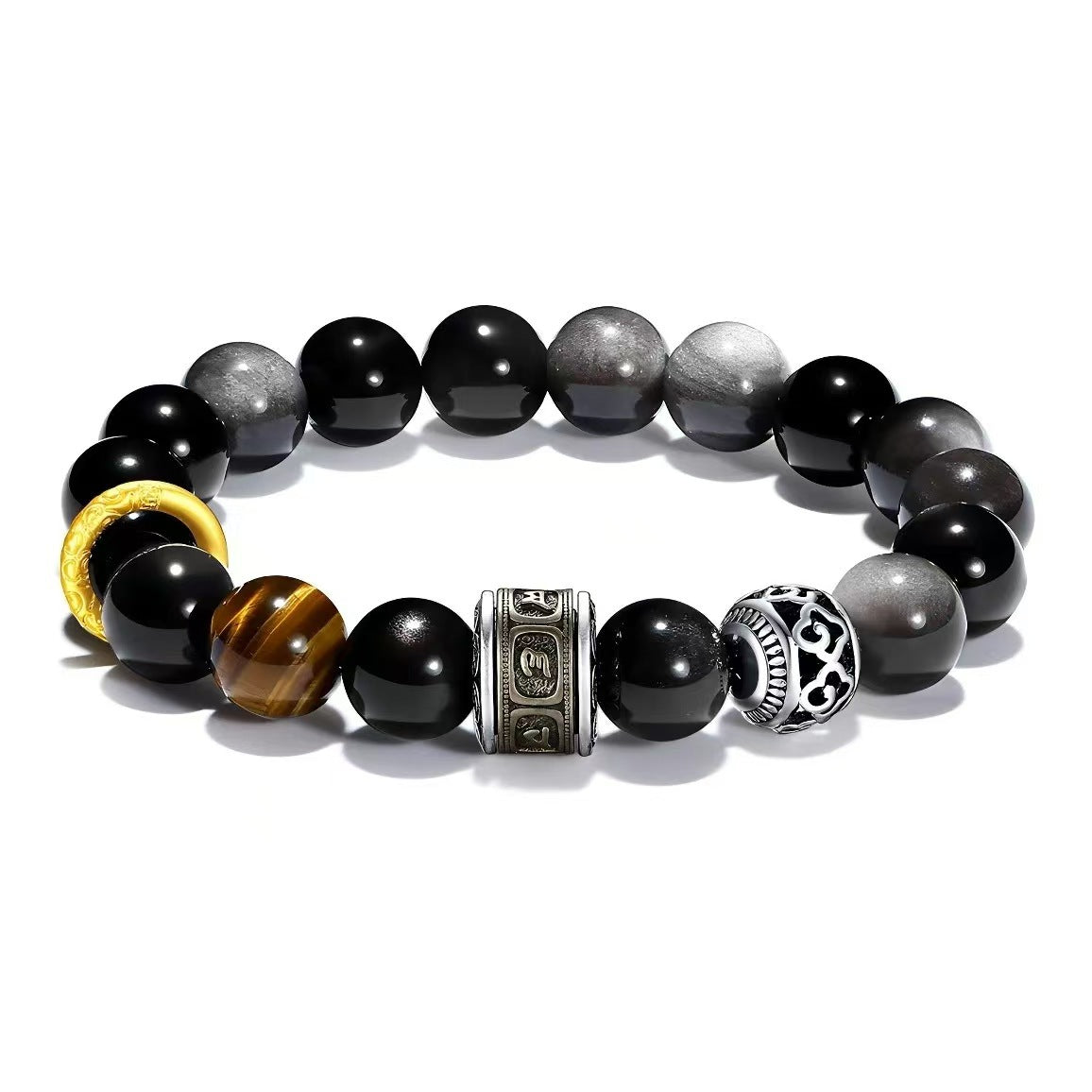 Wholesale 10Mm Silver Obsidian Tiger Eye Stone Bead Bracelet Retro Mantra Cylinder Design Stylish Unisex Jewelry Accessory For Gift Resale