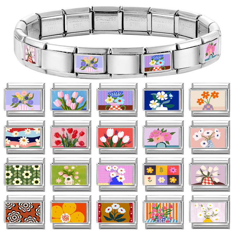 Wholesale  Italian Charm Bracelet 9mm DIY Fresh Floral-Themed  Creative Stainless Steel Composable Bracelet