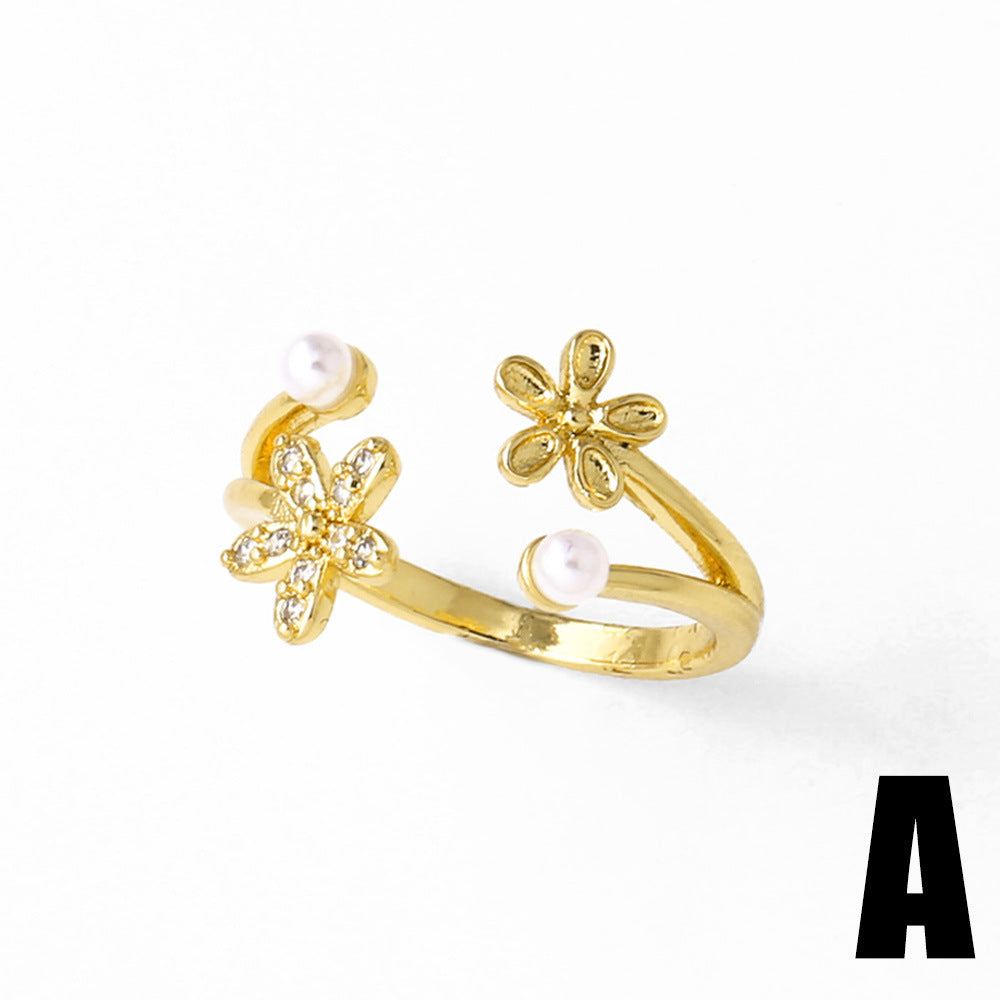 Wholesale Pearl Copper Plated 18k Gold Flower Open Adjustable Ring