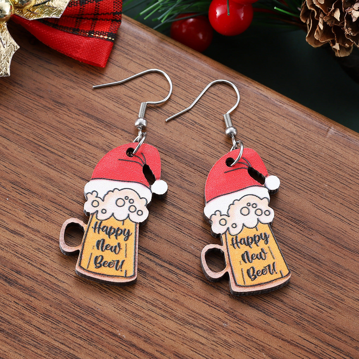 Wholesale Christmas New Year beer mug pendant earrings wooden double-sided earrings
