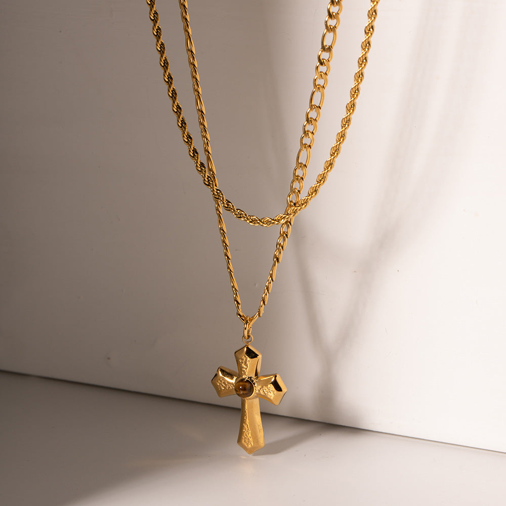 Wholesale Medieval Style Threaded Liquid Pleated Gold Cross Double Layer Necklace Stainless Steel ACC-NE-Wanx001