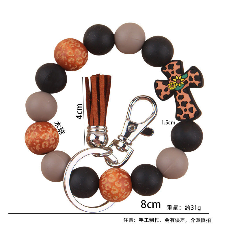 Wholesale New Silicone Beaded Keychain Pendant Leather Small Tassel Print Leopard Print Wooden Bead Bracelet Keychain Accessories ACC-KC-GuangTian036
