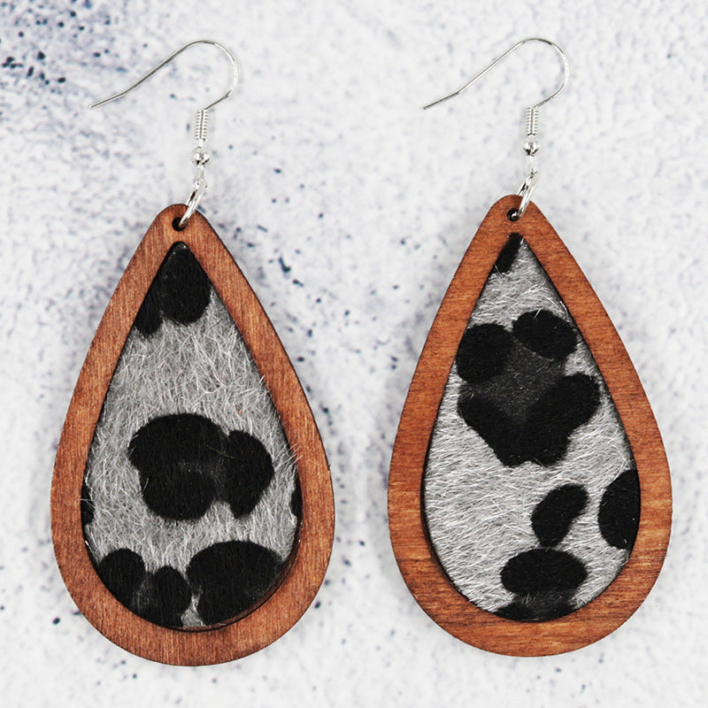 Wholesale  wooden earrings inlaid plush leather drop-shaped cow leopard print earrings