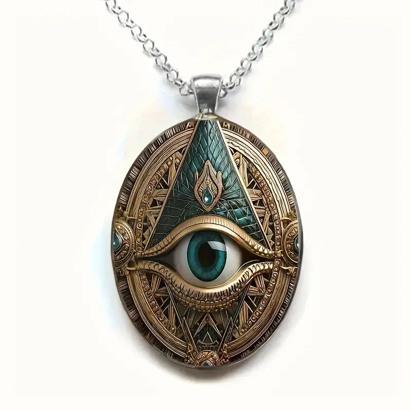 Wholesale Elegant Eye Pattern Pendant Necklace Silver Tone Alloy Oval Amulet Design Fashion Accessory