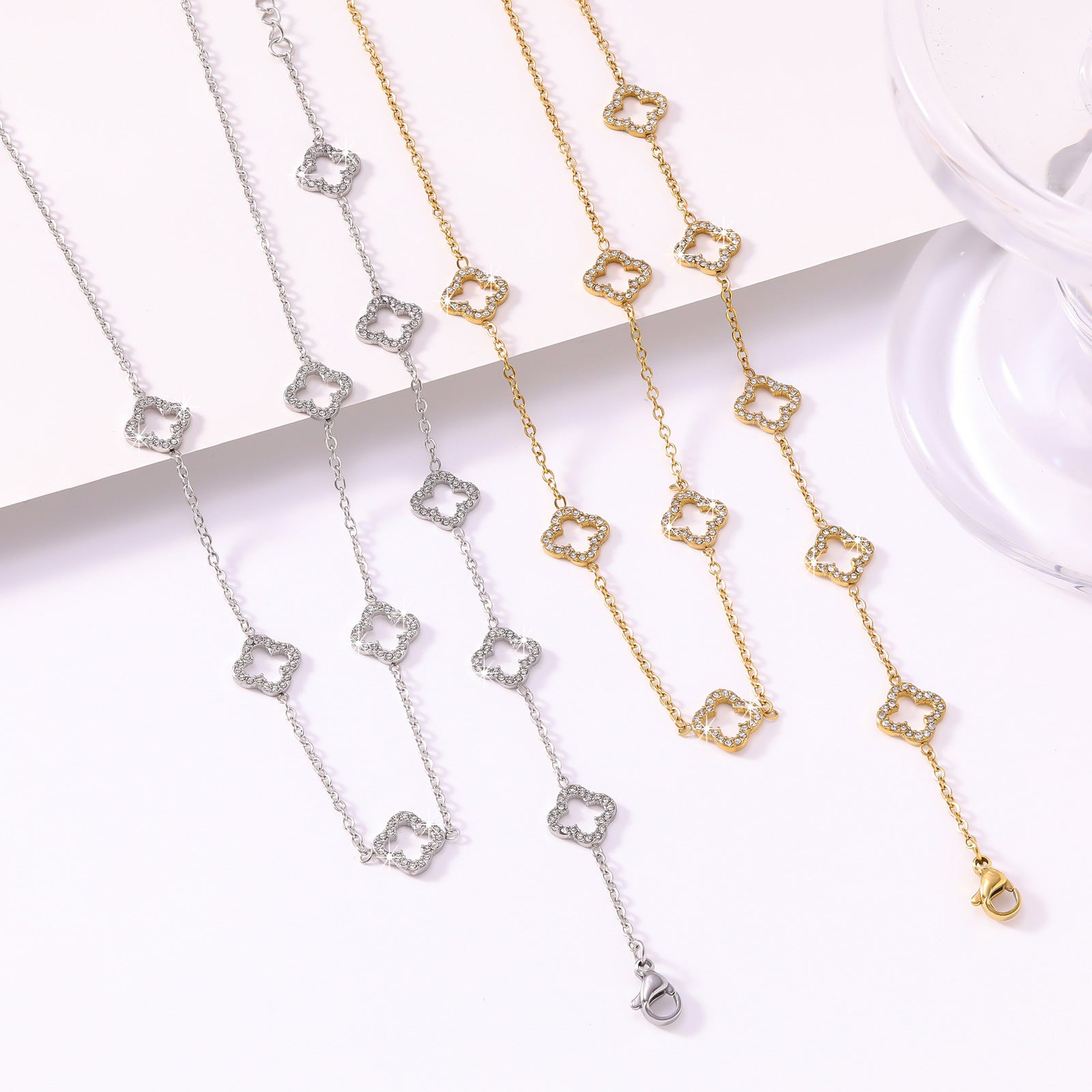 Wholesale Fashion Four Leaf Clover Hollow Out Gold Plated Stainless Steel Long Necklace For Women Everyday Wear Gift
