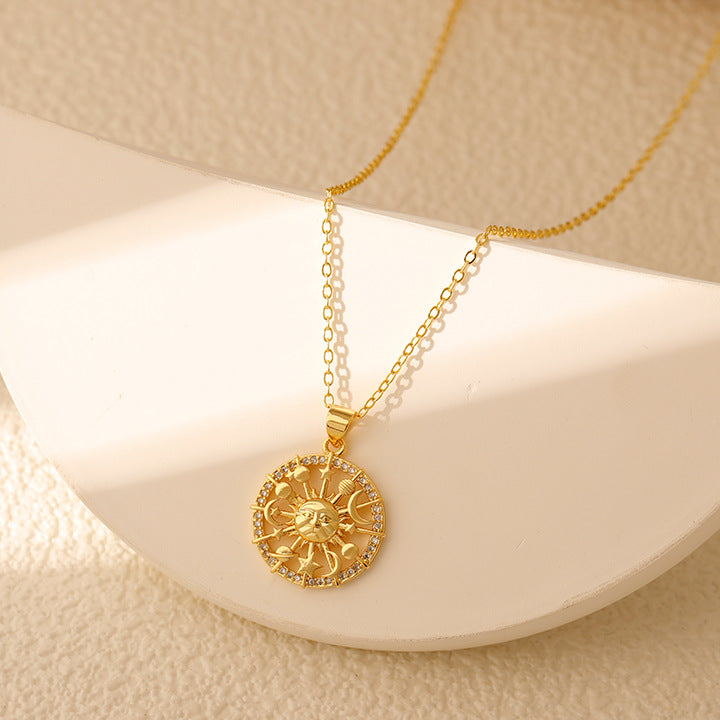 Wholesale Stainless steel  Sun Pendant Sun Star Hollow Color Zirconium Tarot Niche Fashion Necklace