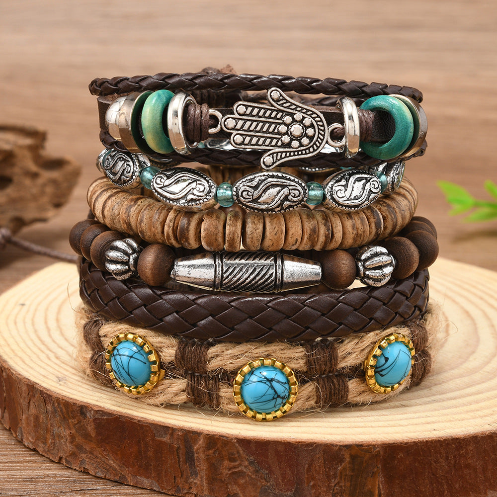 Wholesale Retro Style Bullhead Cactus Multi-Layer Leather Braided DIY 6-Piece  Bracelet