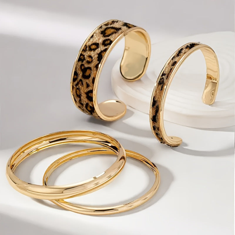 Wholesale 4 Piece Women S Leopard Print Stacking Bracelet Set Stylish Electroplated Jewelry Accessory For Everyday Wear Boutique Resale