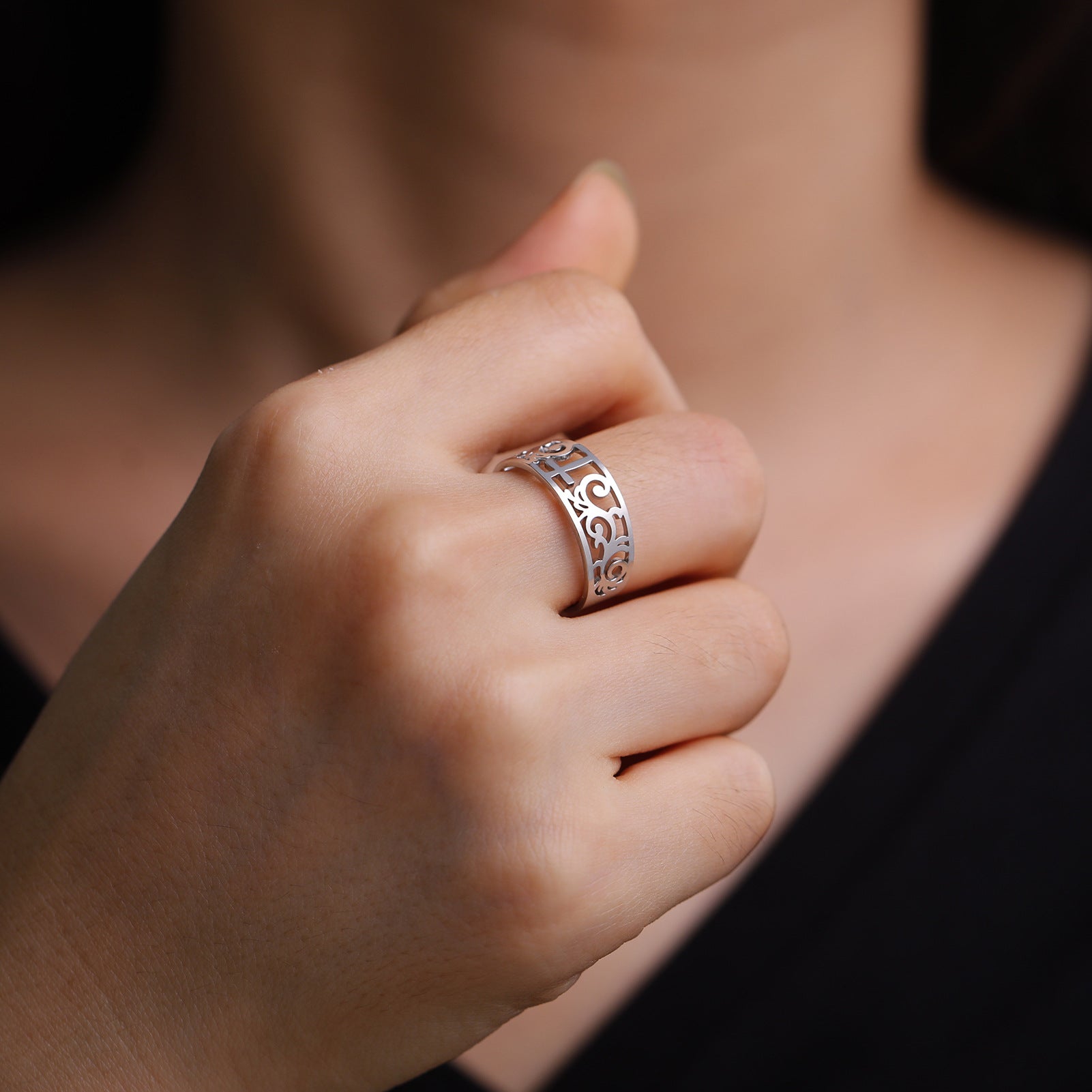 Wholesale Stainless Steel Hollow Cross Open Ring Vintage Unisex Fashion Accessory