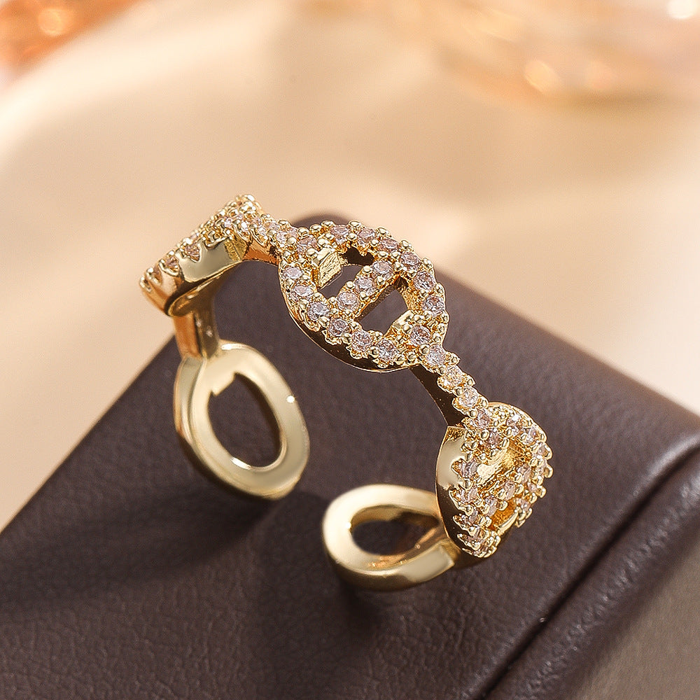 Wholesale Fashion Gold Leaf Adjustable Ring Copper Zircon Electroplated Jewelry Accessory Boutique Resale
