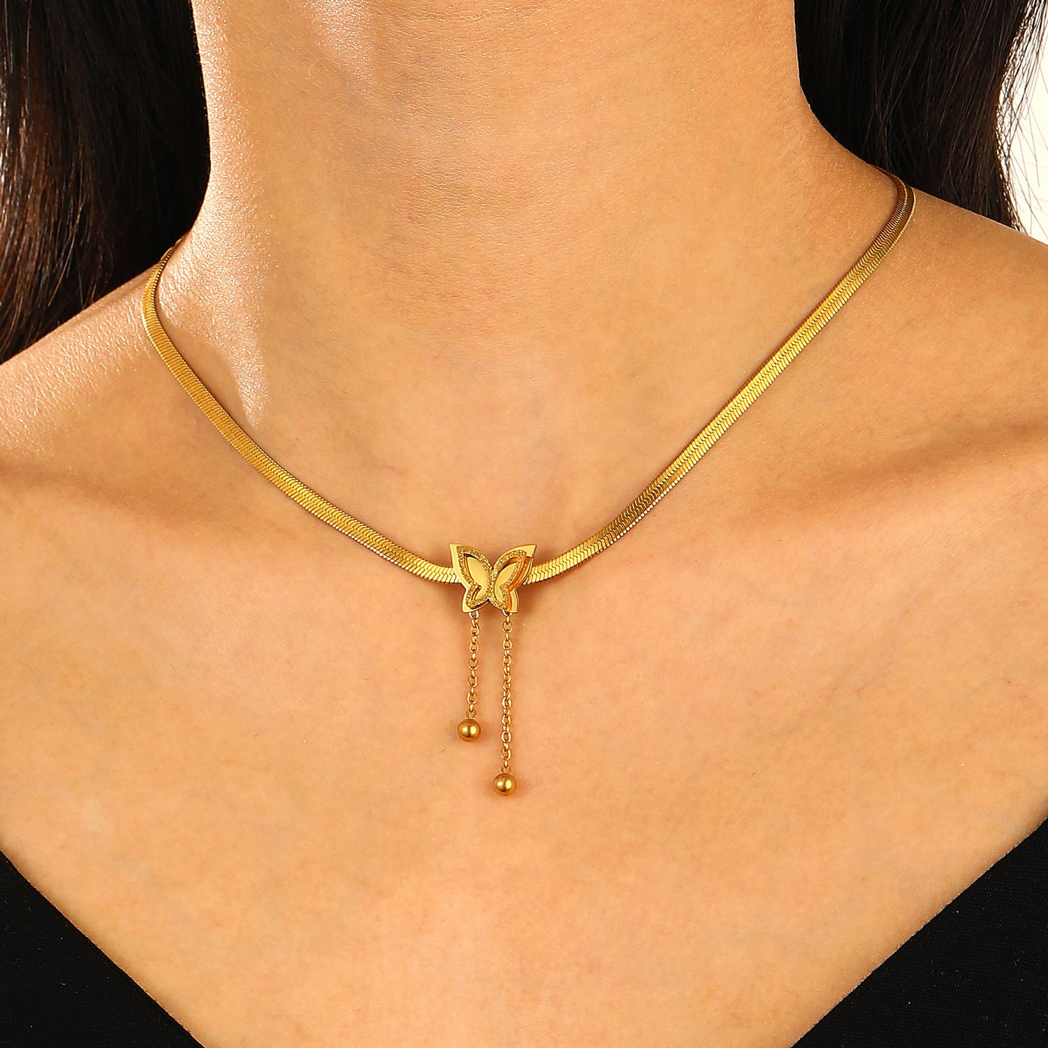 Wholesale Light Luxury Stainless Steel Gold Plated Frosted Butterfly Necklaces ACC-NE-MY017