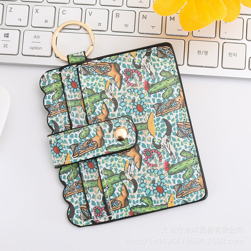 Wholesale Western Style Sunflower Cow Head Cow Pattern Cactus PU Pickup Bag Keychain ACC-KC-MiQiu002