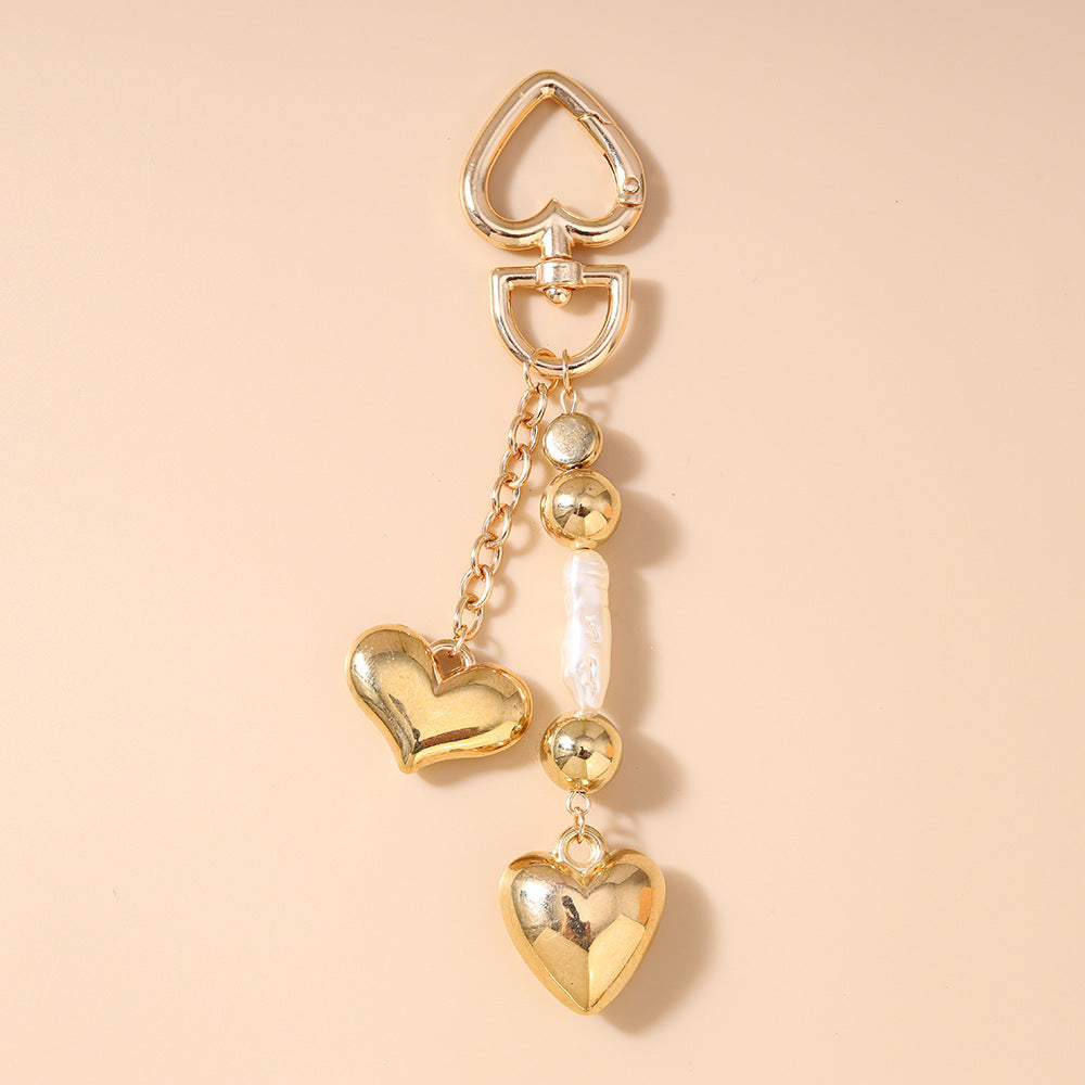 Wholesale Fashion Heart-Shaped Peach Heart Key Chain Pearl Stereo Heart Key Chain Key Ring Bag Pendant