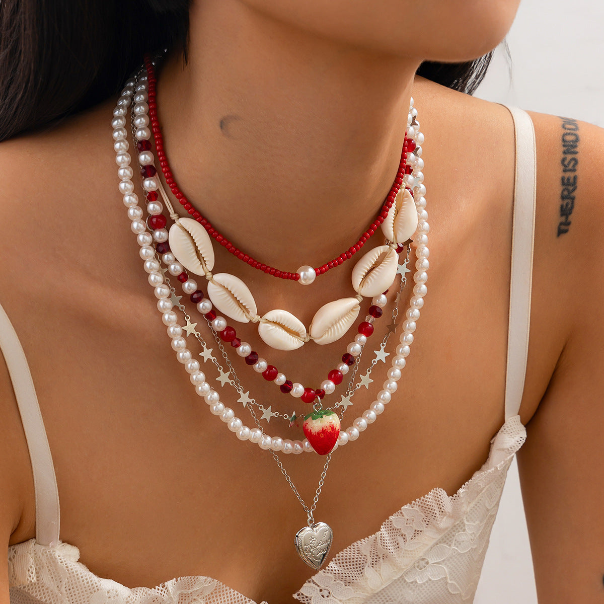 Wholesale Pearl Rice Beaded Necklace Heart Shaped Shell Beach Holiday Necklace