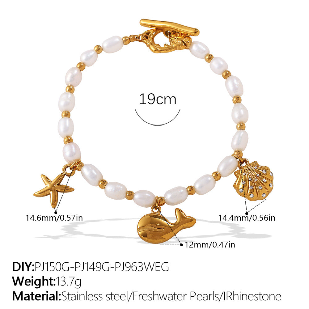 Wholesale  Fashion Creative Ocean Theme Freshwater Pearl DIY Dolphin Pendant Bracelet Plated with 18K Gold Niche Jewelry for Women