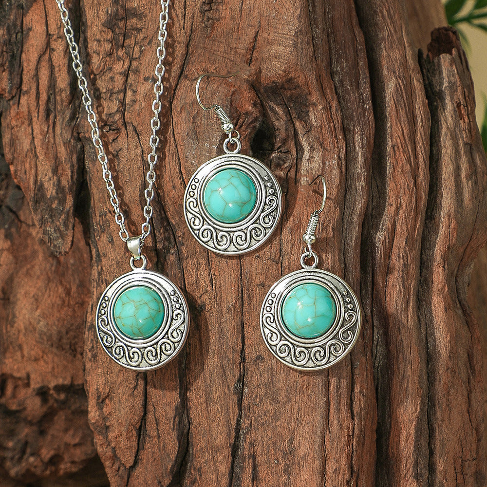 Wholesale Bohemian Turquoise Hollow Geometric Earrings and Necklace Set Fashion Accessory Gift